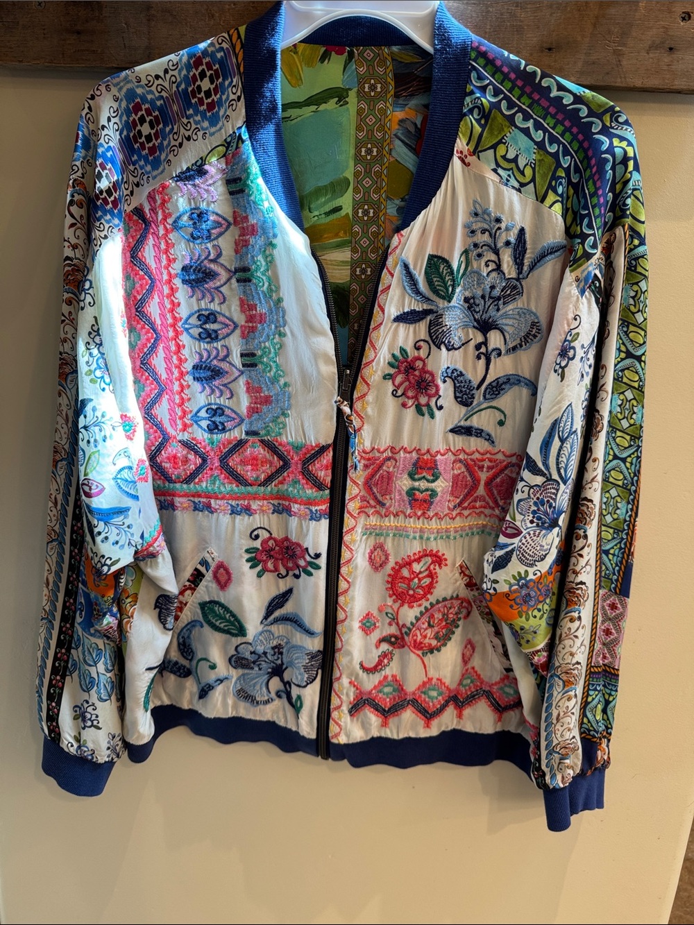 Johnny Was Floral Embroidered Reversible Bomber Jacket - Multicolor 100% Silk